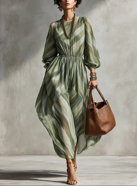 Twill Print Lantern Sleeve Maxi Dress Waist-Cinched Women's Vacation Dress