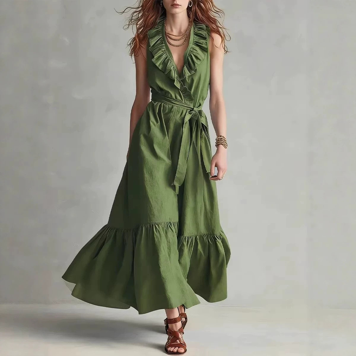 Solid V-Neck Sleeveless Lace-Up Ruffle Long Dress