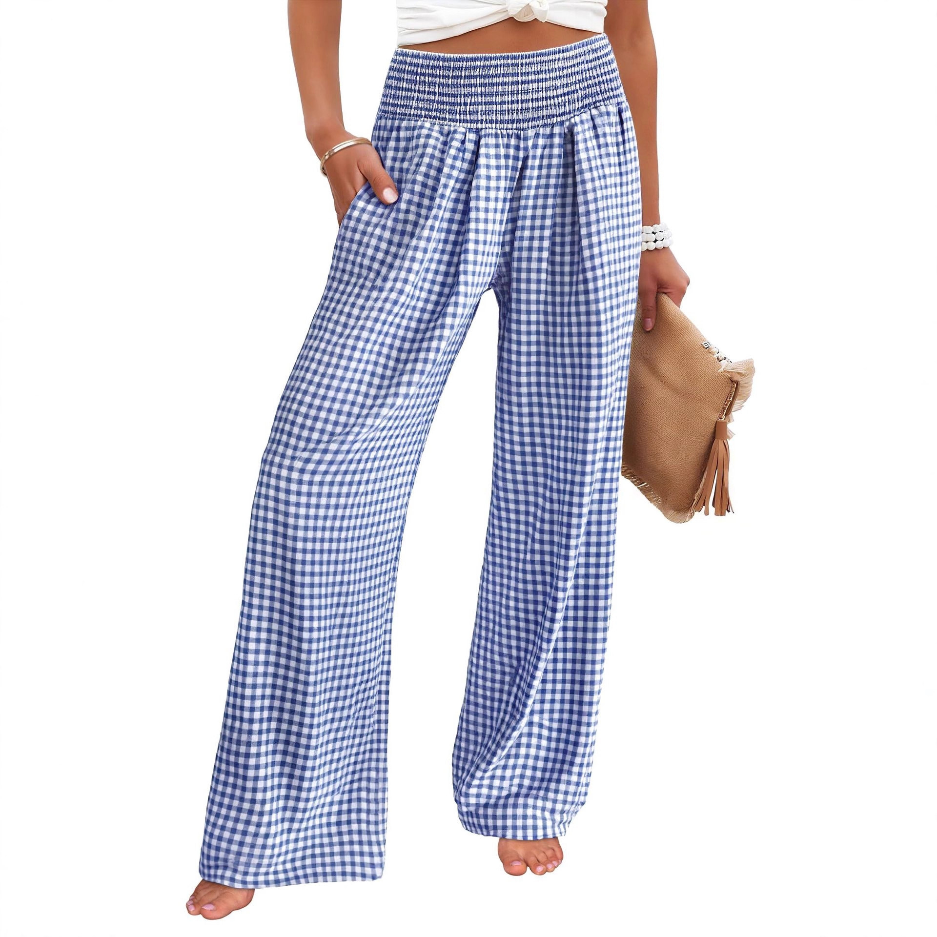 Plaid Wide-Leg Casual Pants with Elastic Waist
