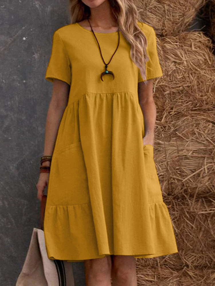 Women's Vintage Loose Solid Crewneck Cotton Dress with Pockets
