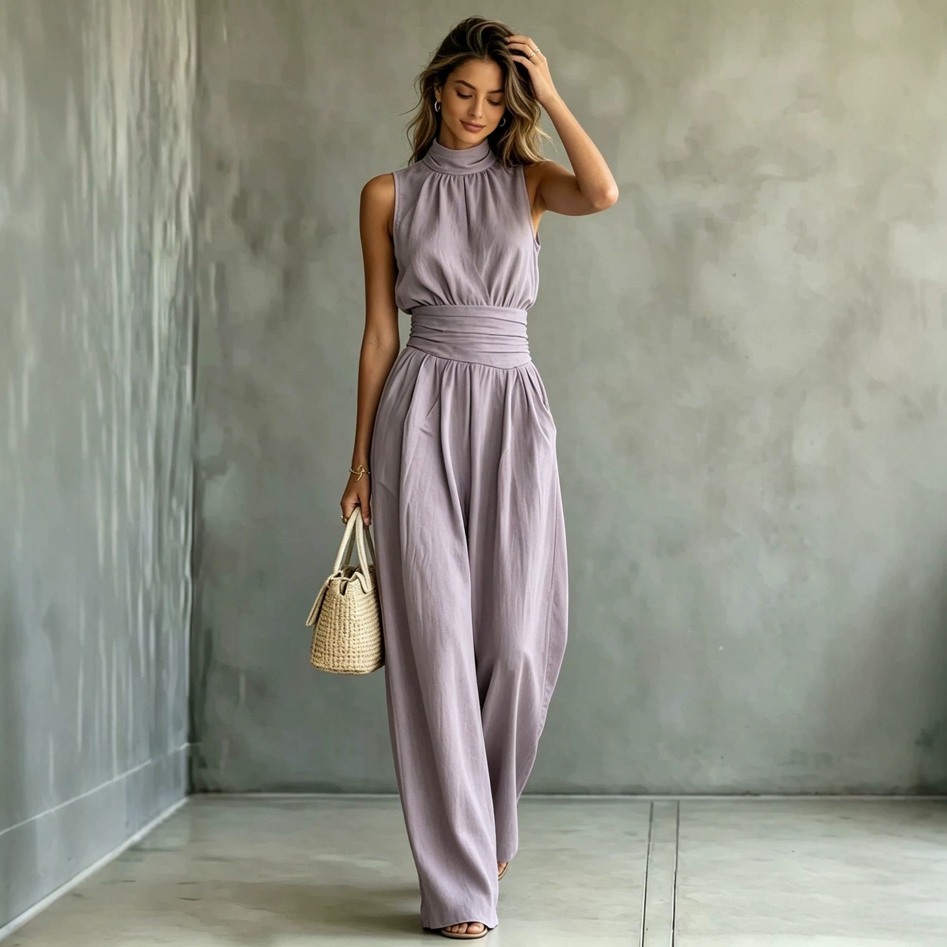 Women's Sleeveless Mock Neck Wide Leg Jumpsuit Solid Casual Long Pants