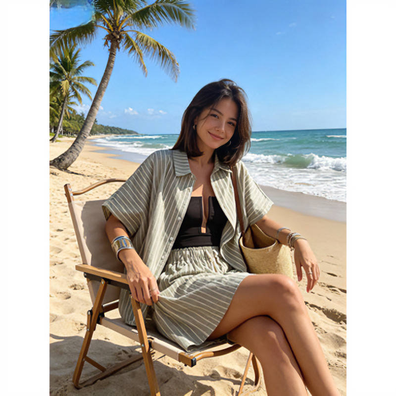 Striped Shirt and Pocket Shorts Set Women's Loose Casual Two-Piece