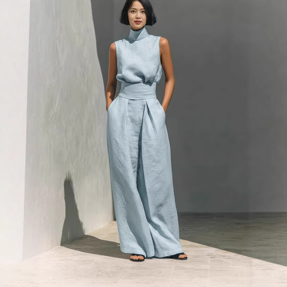 Cotton-Linen Sleeveless Top and Pants Casual Set