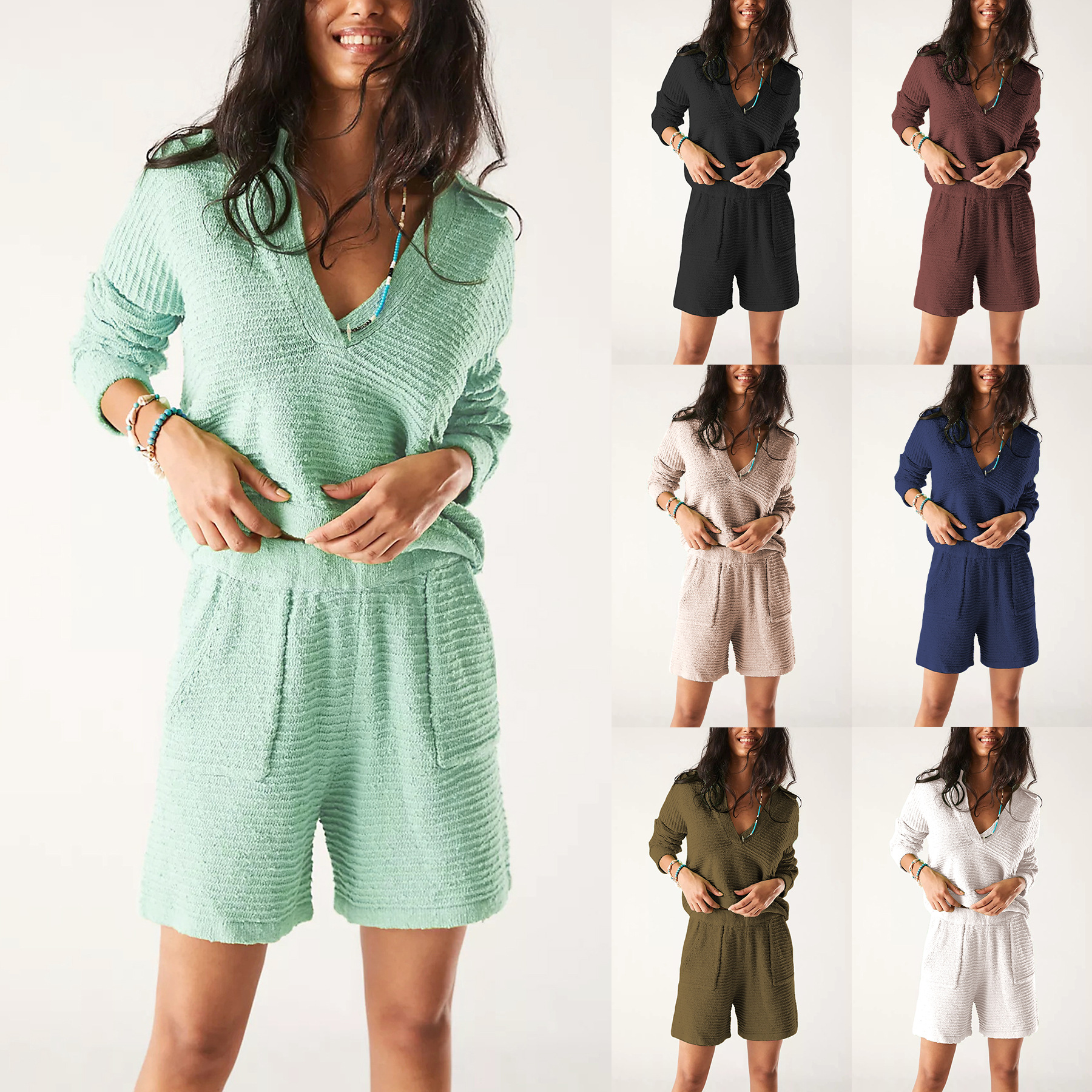 Women's Loose Knit Long Sleeve & Shorts Set