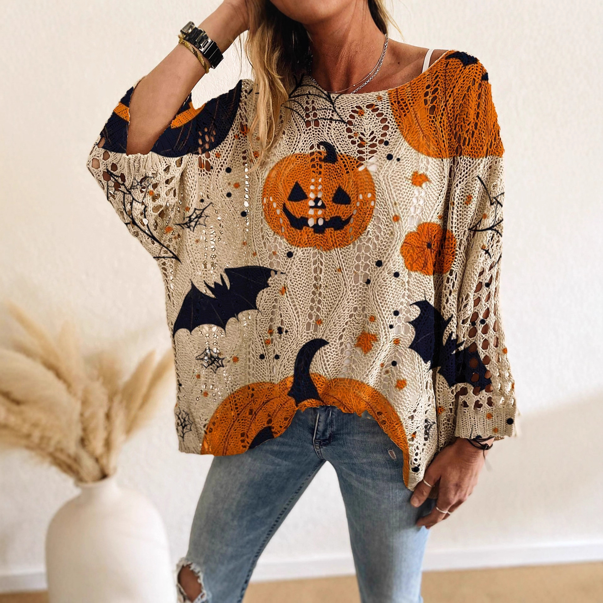 Women's Off-Shoulder Diamond Hollow Batwing Sleeve Halloween Print Top