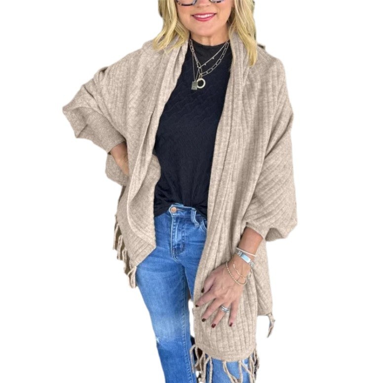 Women's Solid Knit Fringe Shawl Cardigan