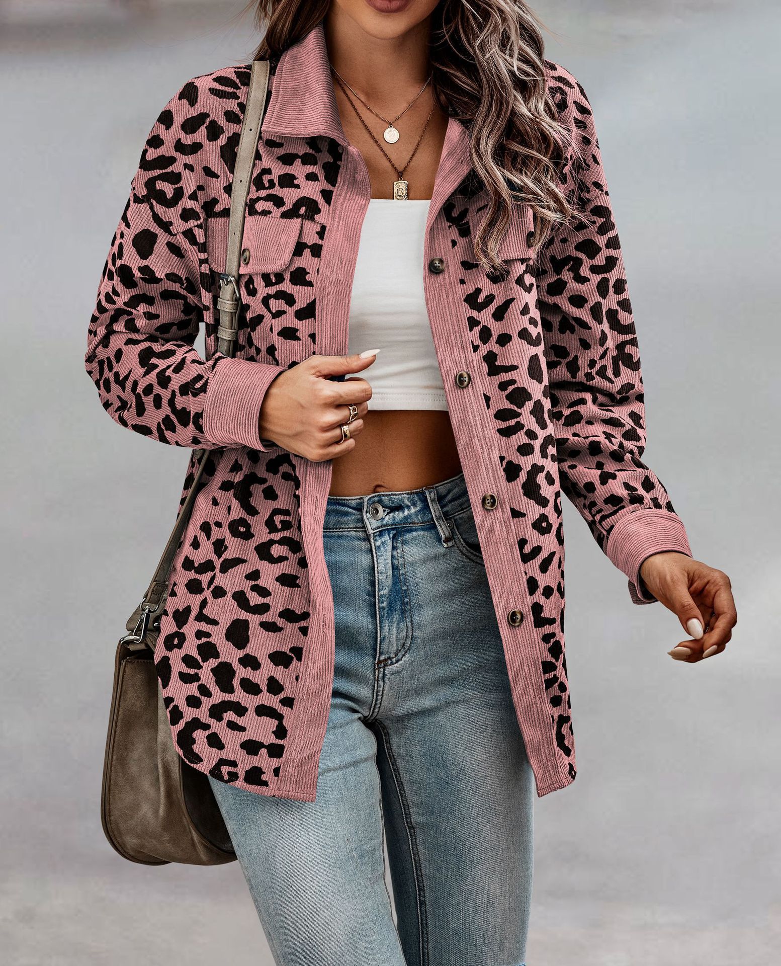 Leopard Print Button-Up Long Sleeve Jacket