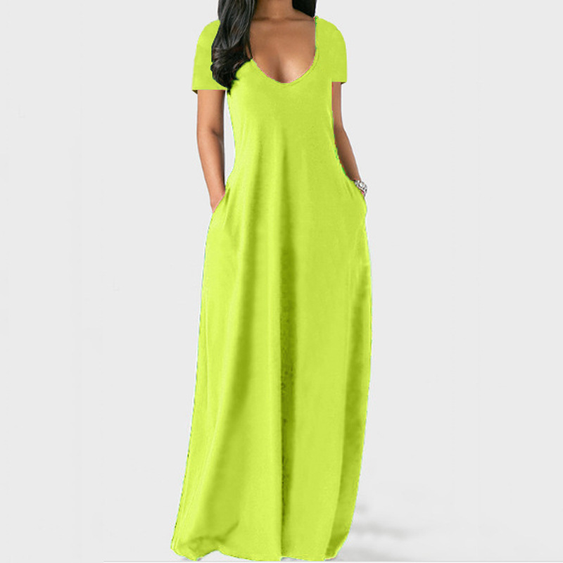 Plus Size Solid Deep V-Neck Short Sleeve Long Dress