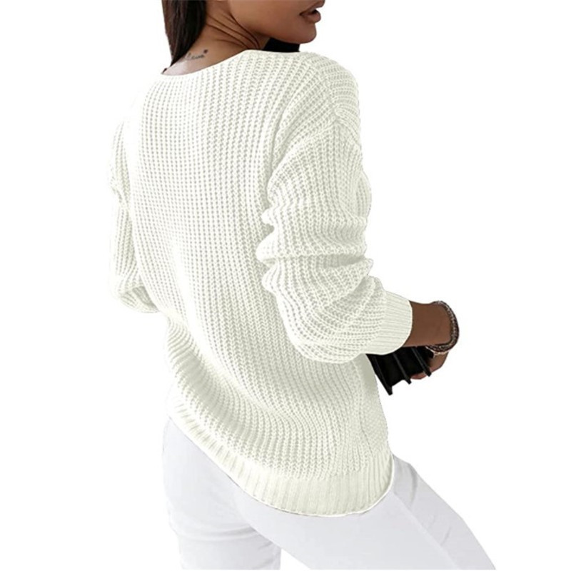 Women's V-Neck Cable Knit Pullover Sweater Long Sleeve Solid Color