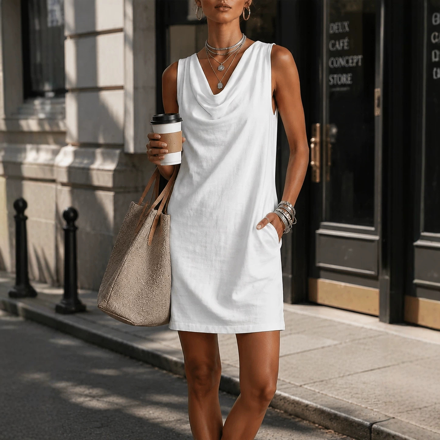 Women's Cowl Neck Sleeveless Solid Color Mini Dress with Pockets