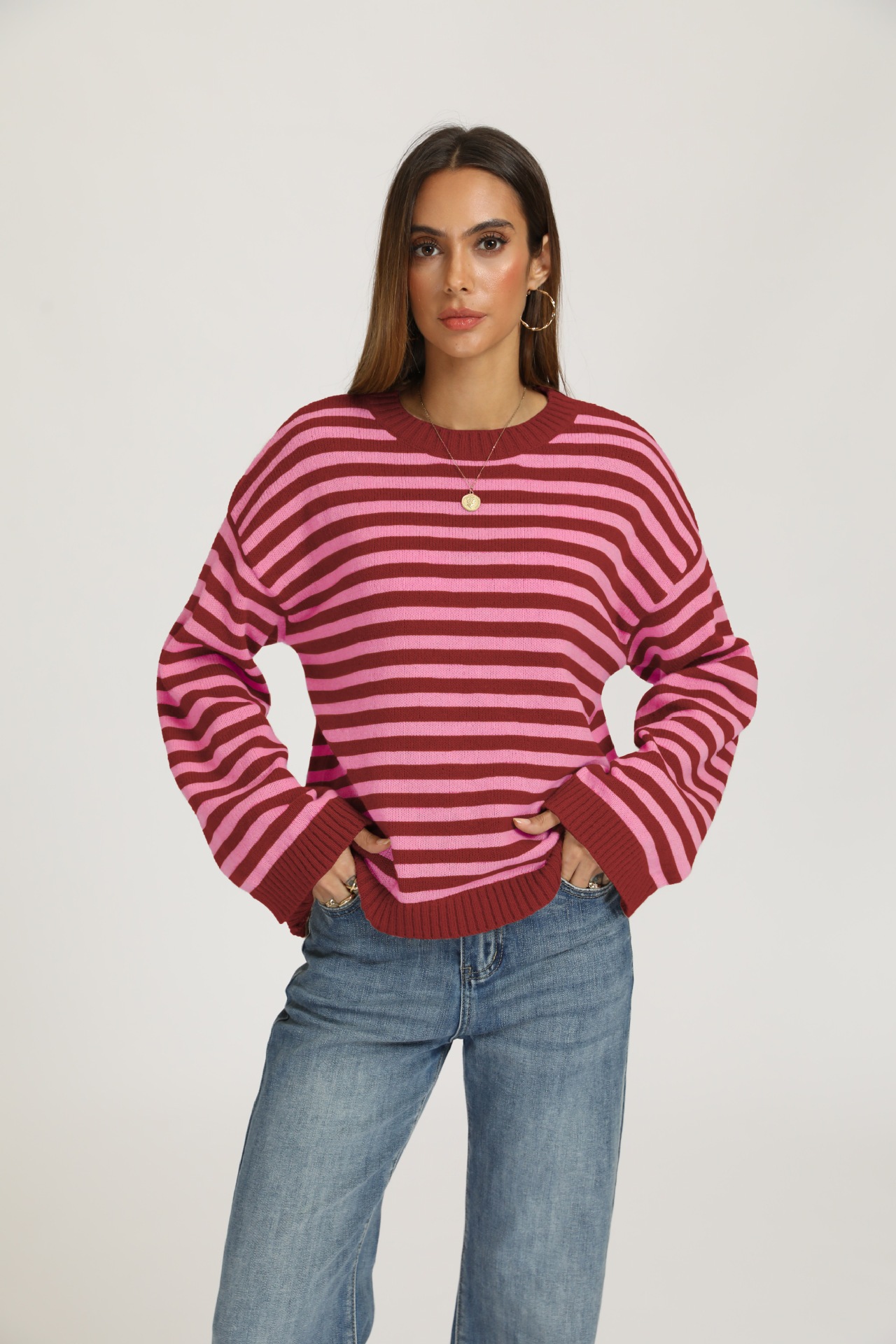 Striped Crewneck Pullover Sweater Loose Knit Top