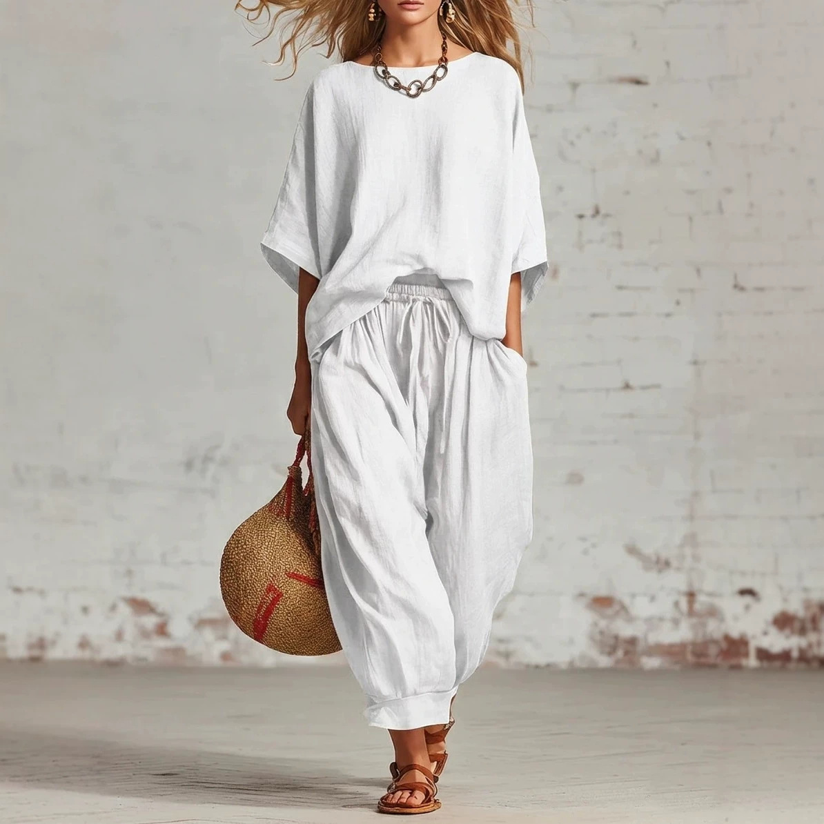 Women's Solid Color Half-Sleeve Crewneck Two-Piece Pants Set
