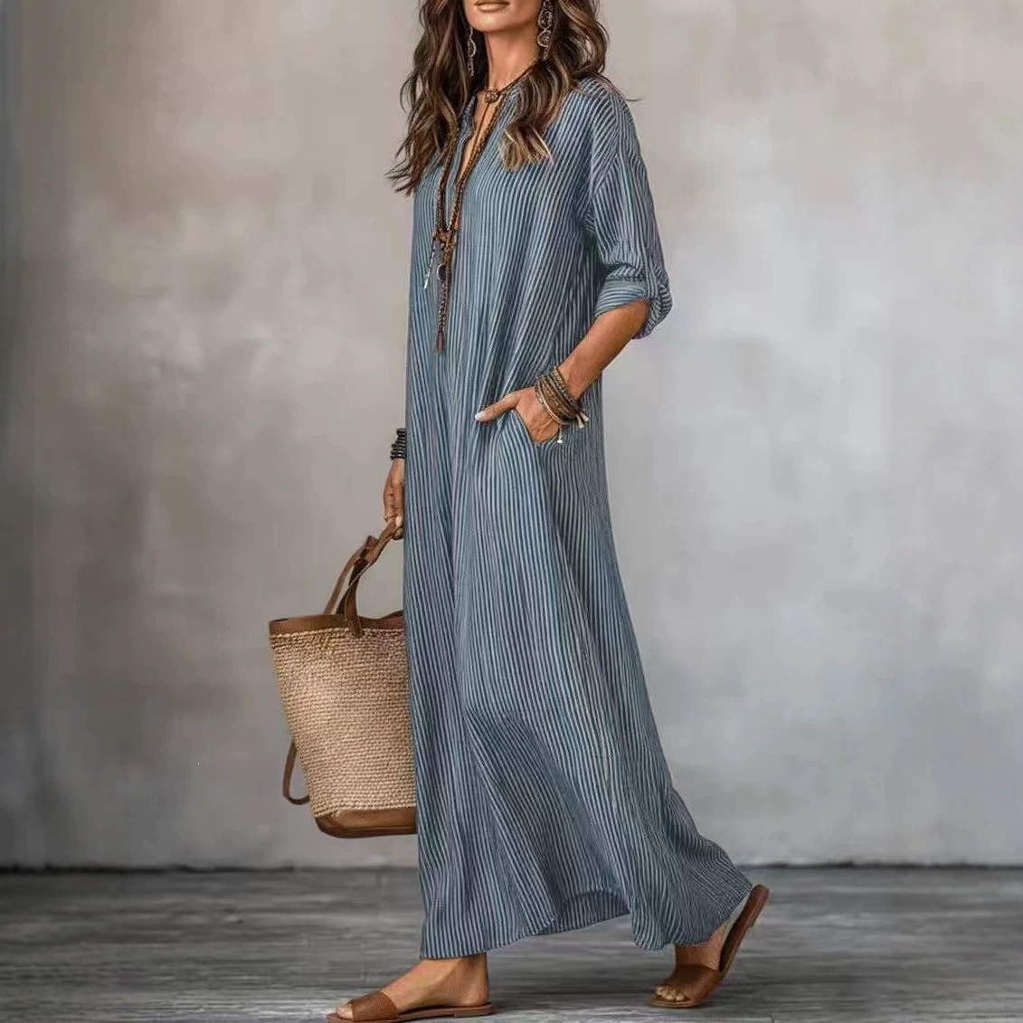 V-Neck Striped Loose Casual Dress