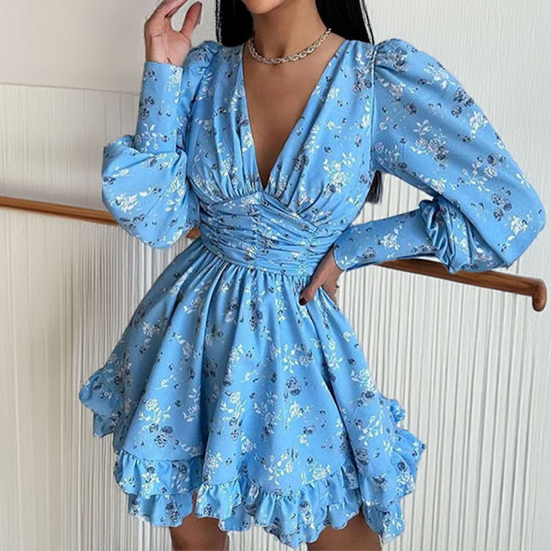 Elegant French Vacation Floral Ruffle Dress
