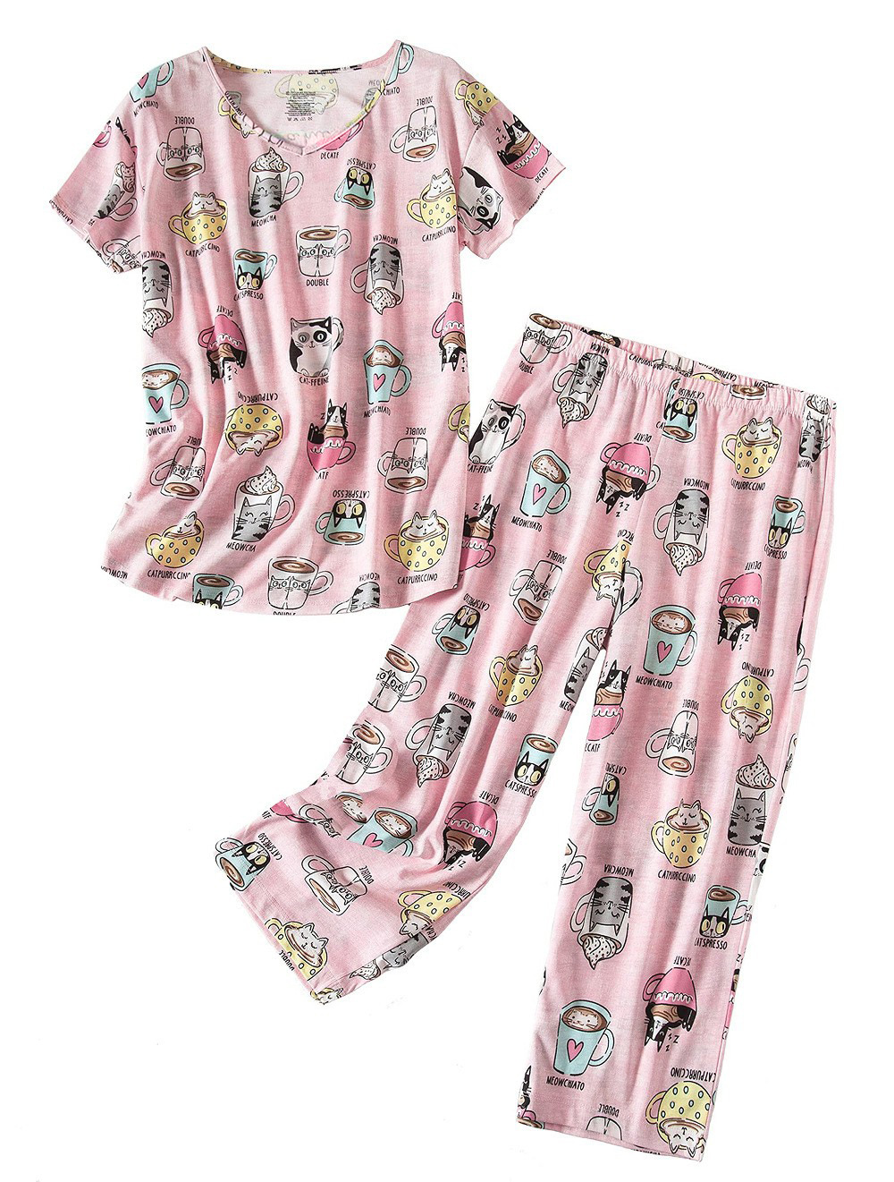 Women's Short Sleeve Capri Pants Pajama Set Knit Cotton Loungewear Plus Size