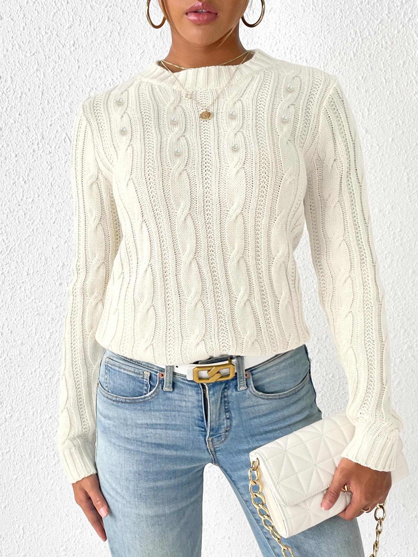 Women's Pearl Beaded Crewneck Knit Pullover Sweater