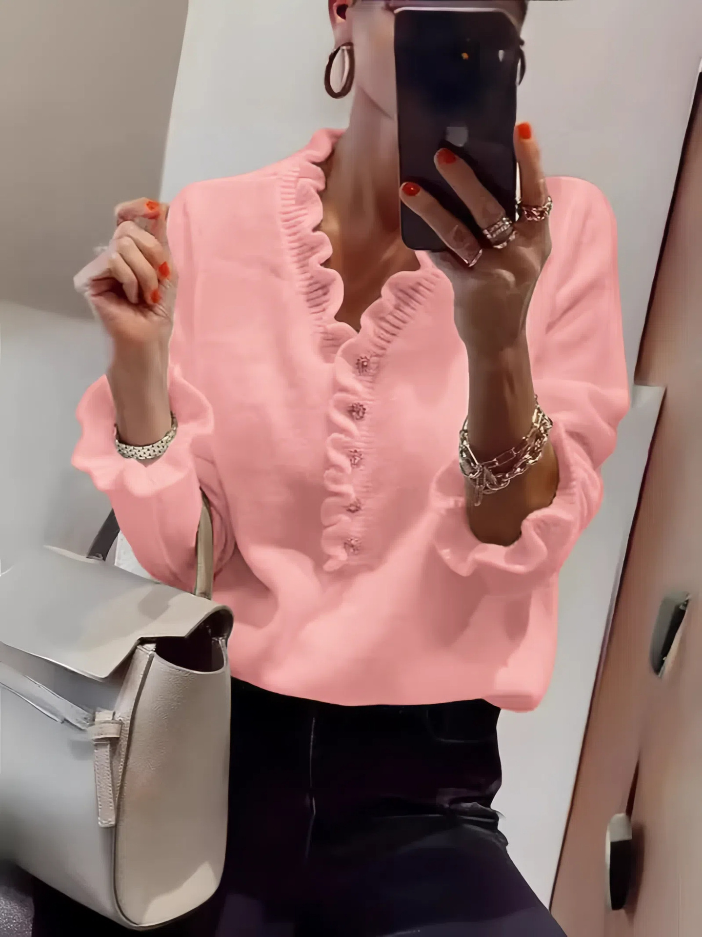 Women's Long Sleeve Ruffle Knit Top V-Neck Beaded