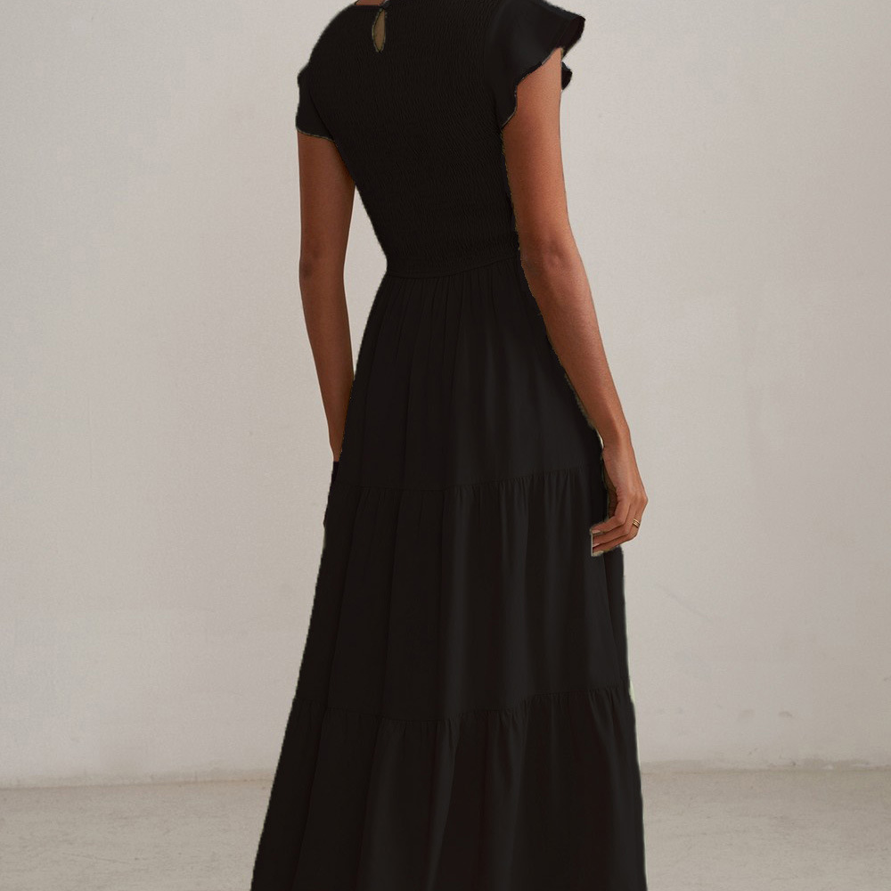 Women's Casual Literary Ruffle Midi Dress with Round Neck and Puff Sleeves
