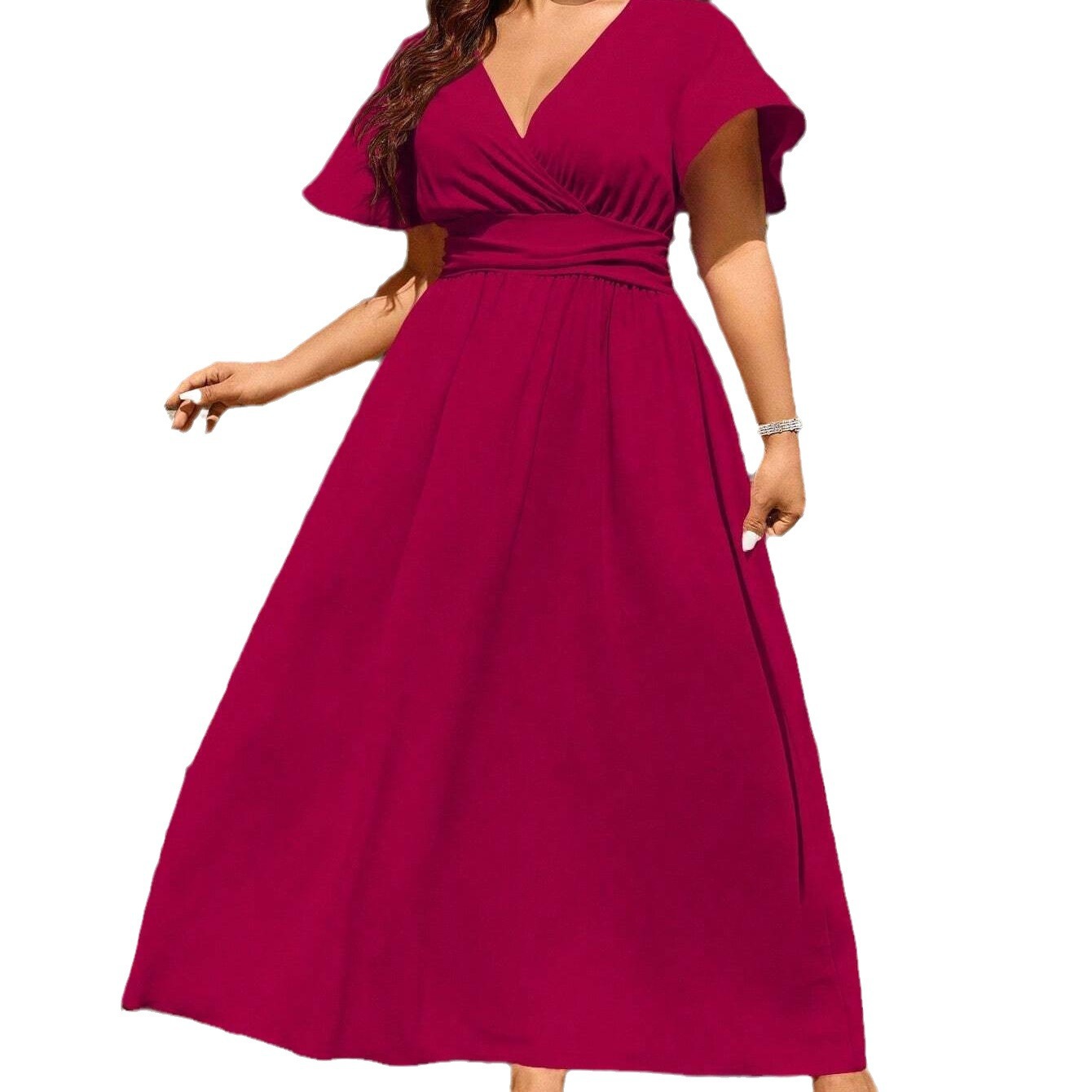 Solid V-Neck Bell Sleeve High Waist A-Line Midi Dress Plus Size