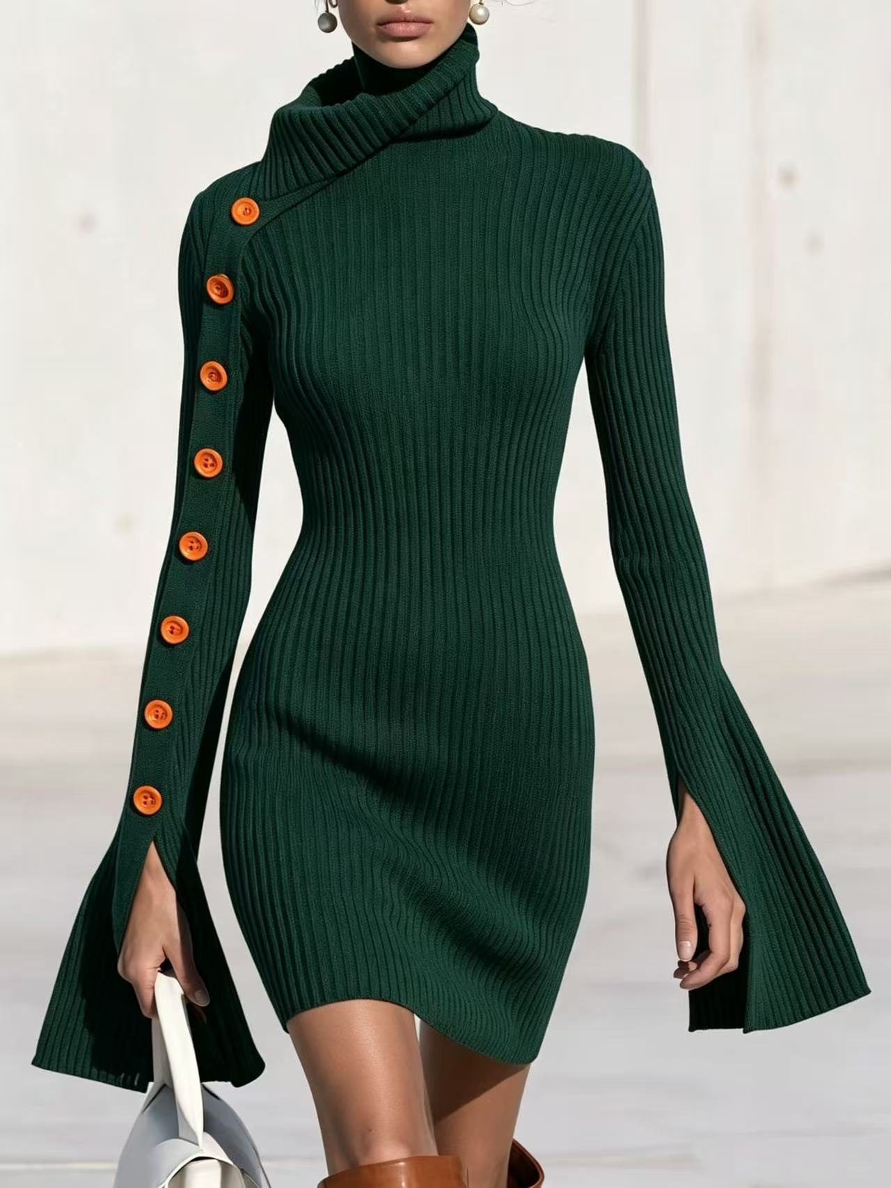 Slim-Fit Ribbed Button-Accent A-Line Dress