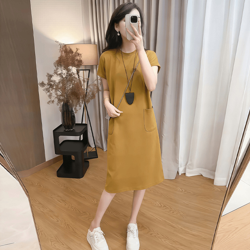 Women's Casual Slit Midi Dress Korean Style Loose Fit Short Sleeve Round Neck A-Line