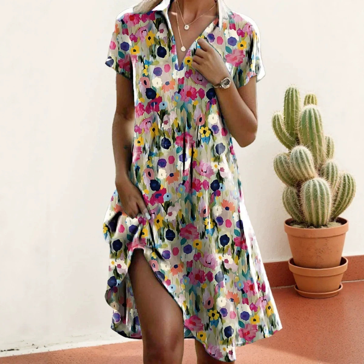 Women's Floral Print Casual Midi Dress Short Sleeve Deep V-Neck Slim Fit