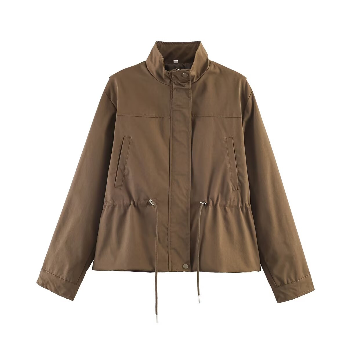 Women's Drawstring Waist Stand Collar Zip Jacket Casual Loose Fit
