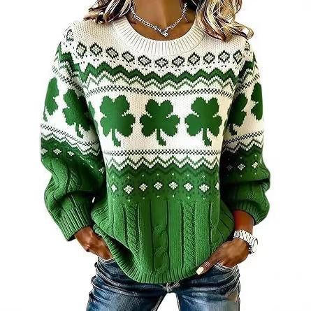 Women's Clover Print Crewneck Sweatshirt Casual Pullover