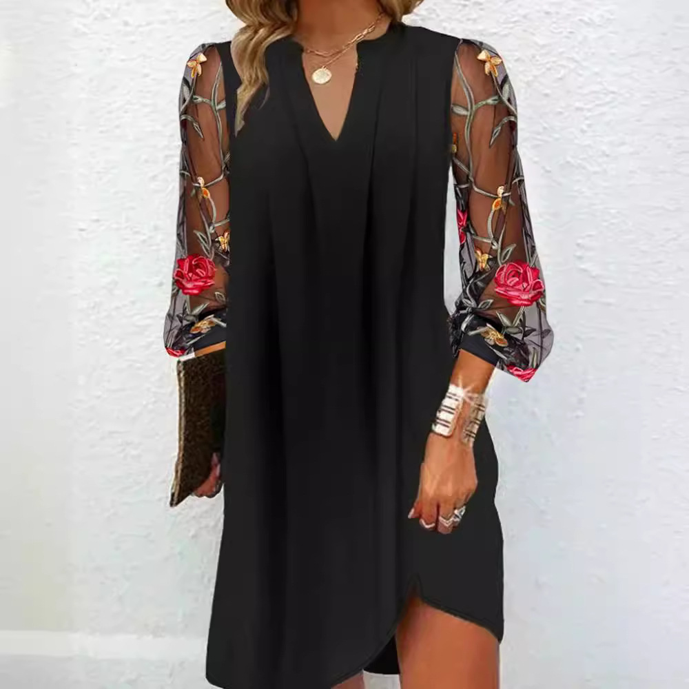 V-Neck Long Sleeve Sheer Floral Pleated Midi Dress