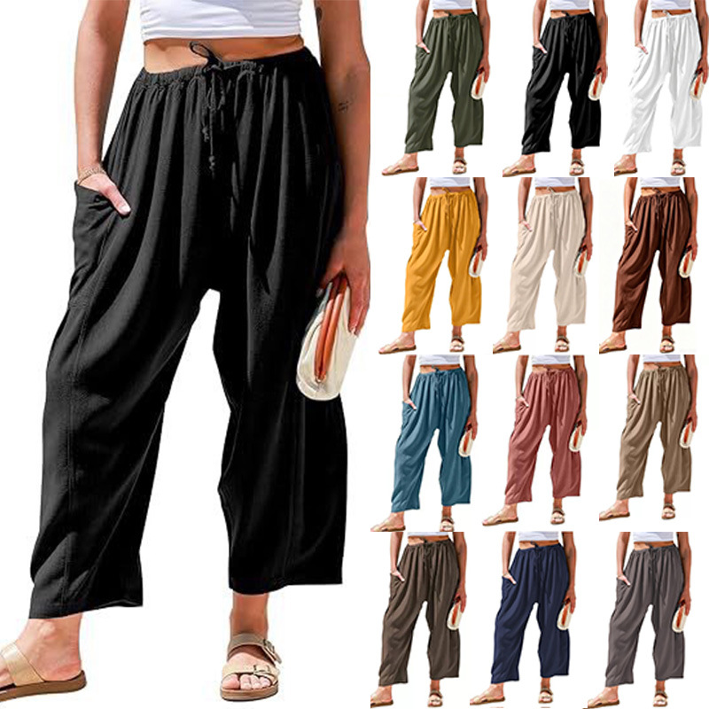 Women's Cotton-Linen Straight-Leg Cropped Pants with Elastic Waist and Pleats, Breathable Casual