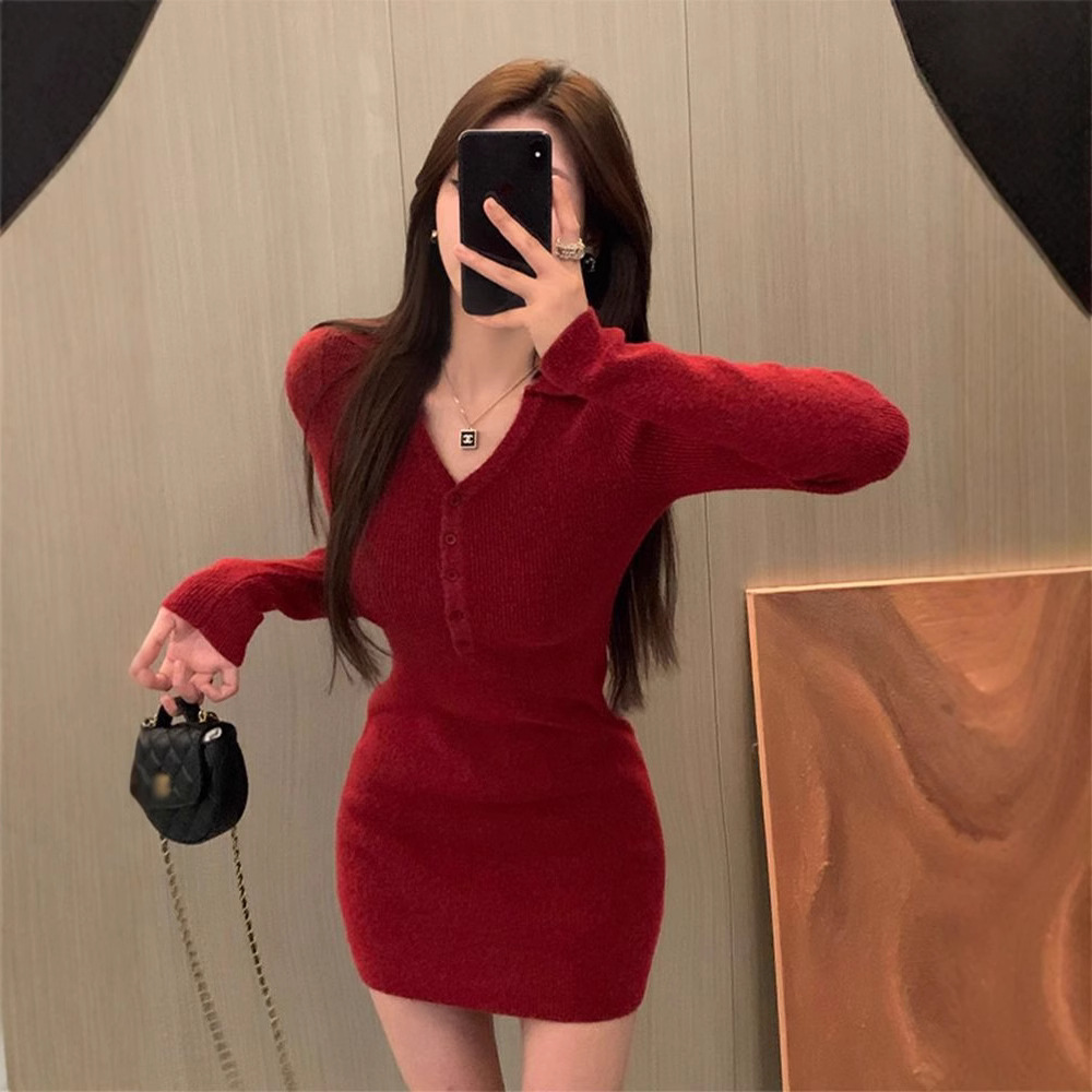 Women's Knit Long Sleeve Bodycon Mini Dress V-Neck Flare Sleeve