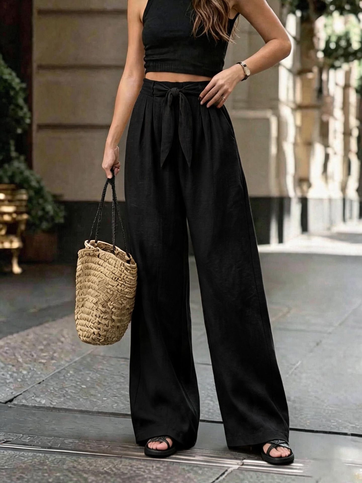 Faux Linen Wide-Leg Pants with Bow Tie Belt, Loose Solid Casual