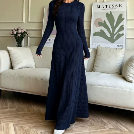 Women's Ribbed Knit Crewneck Long Sleeve Slim Fit A-Line Maxi Dress