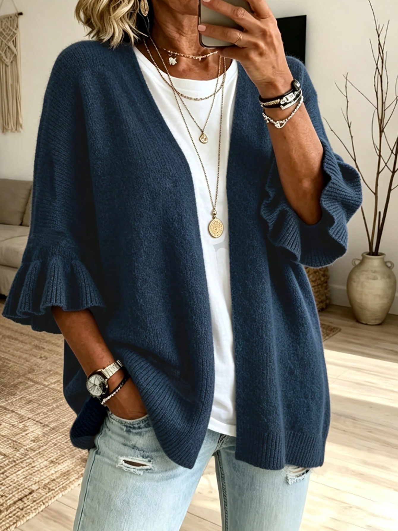 Plus Size Solid Color 3/4 Sleeve Knit Cardigan Sweater Women's Loose Casual