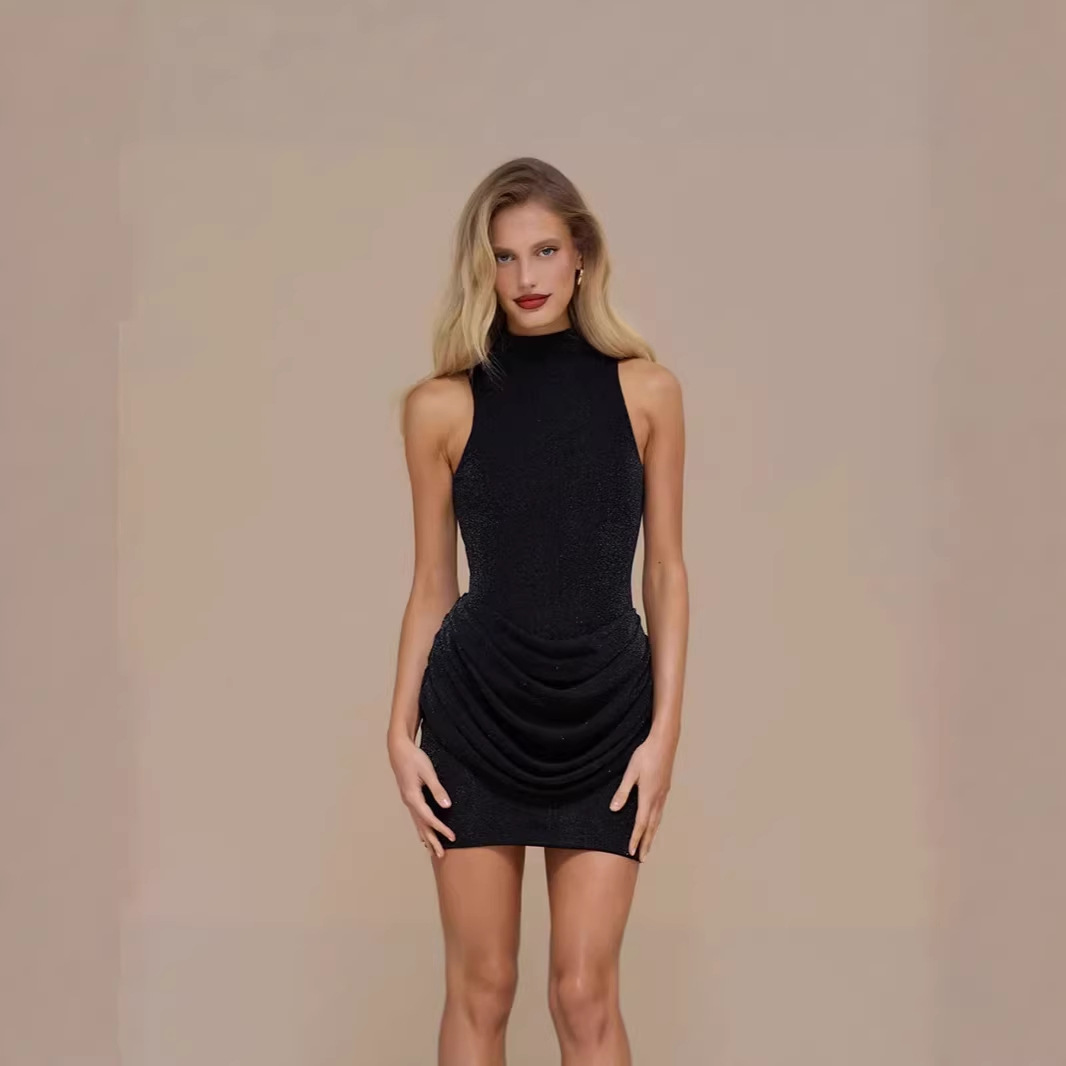 Solid Sleeveless Mock Neck Glitter Bodycon Mini Dress