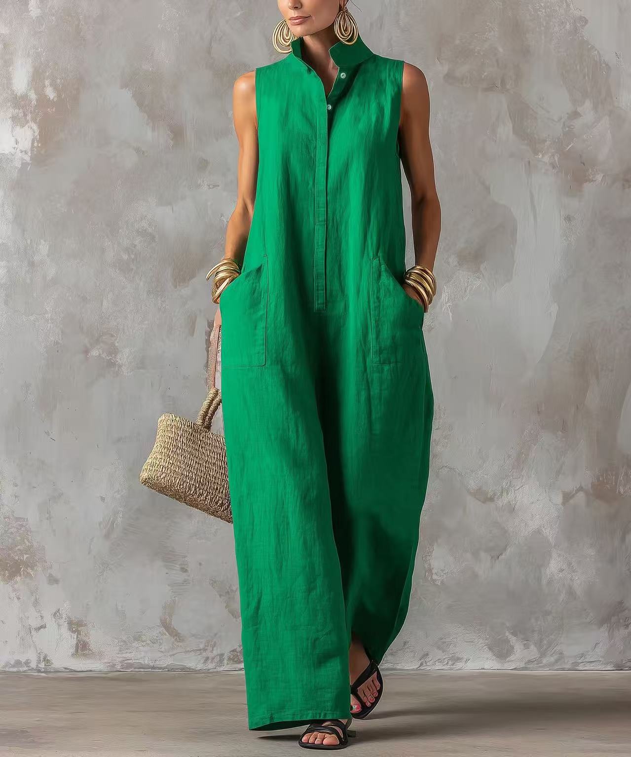 Women's Linen-Blend Sleeveless Button-Front Jumpsuit with Stand Collar