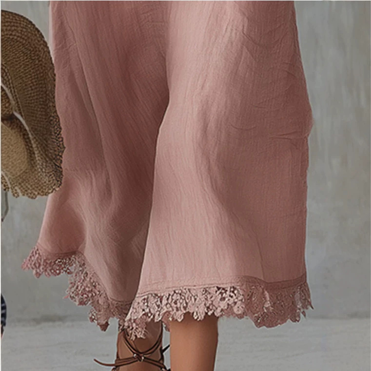 Casual Vintage Lace-Trim Pink Hooded Midi Shirt Dress