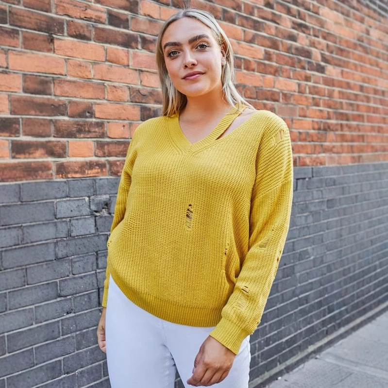 Women's Plus Size Open Knit V-Neck Pullover Sweater Loose Fit