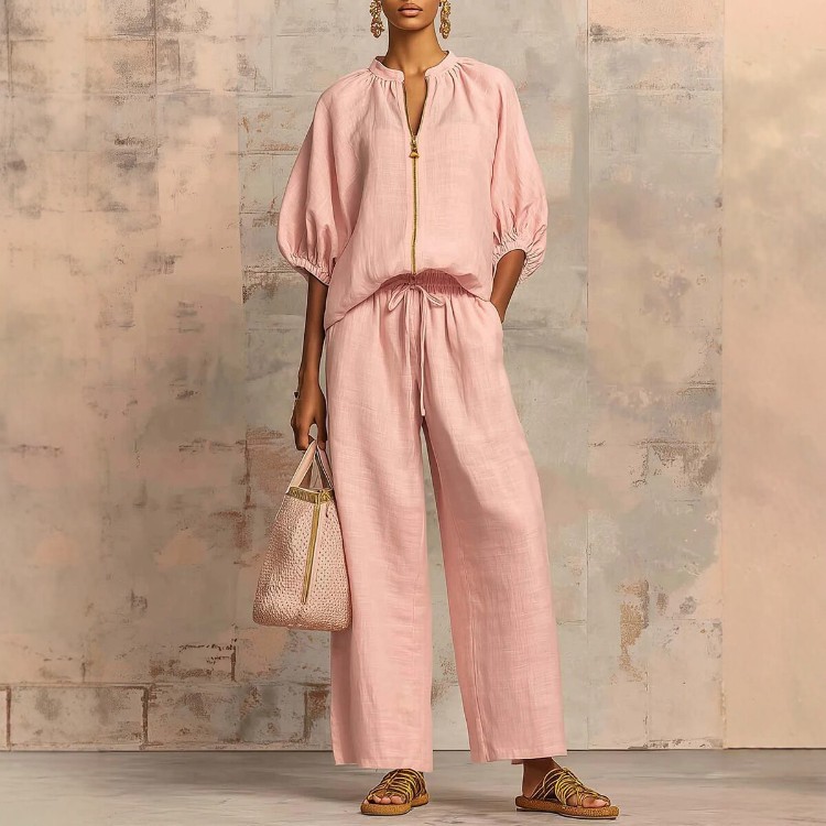 Women's Casual Solid Color Zip Round Neck Wide-Leg Pants Set