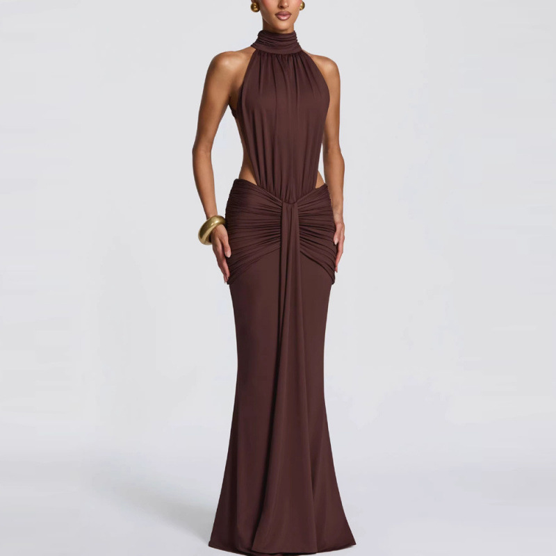 Women's Halter Ruched Bodycon Long Dress High Neck Open Back Evening Gown
