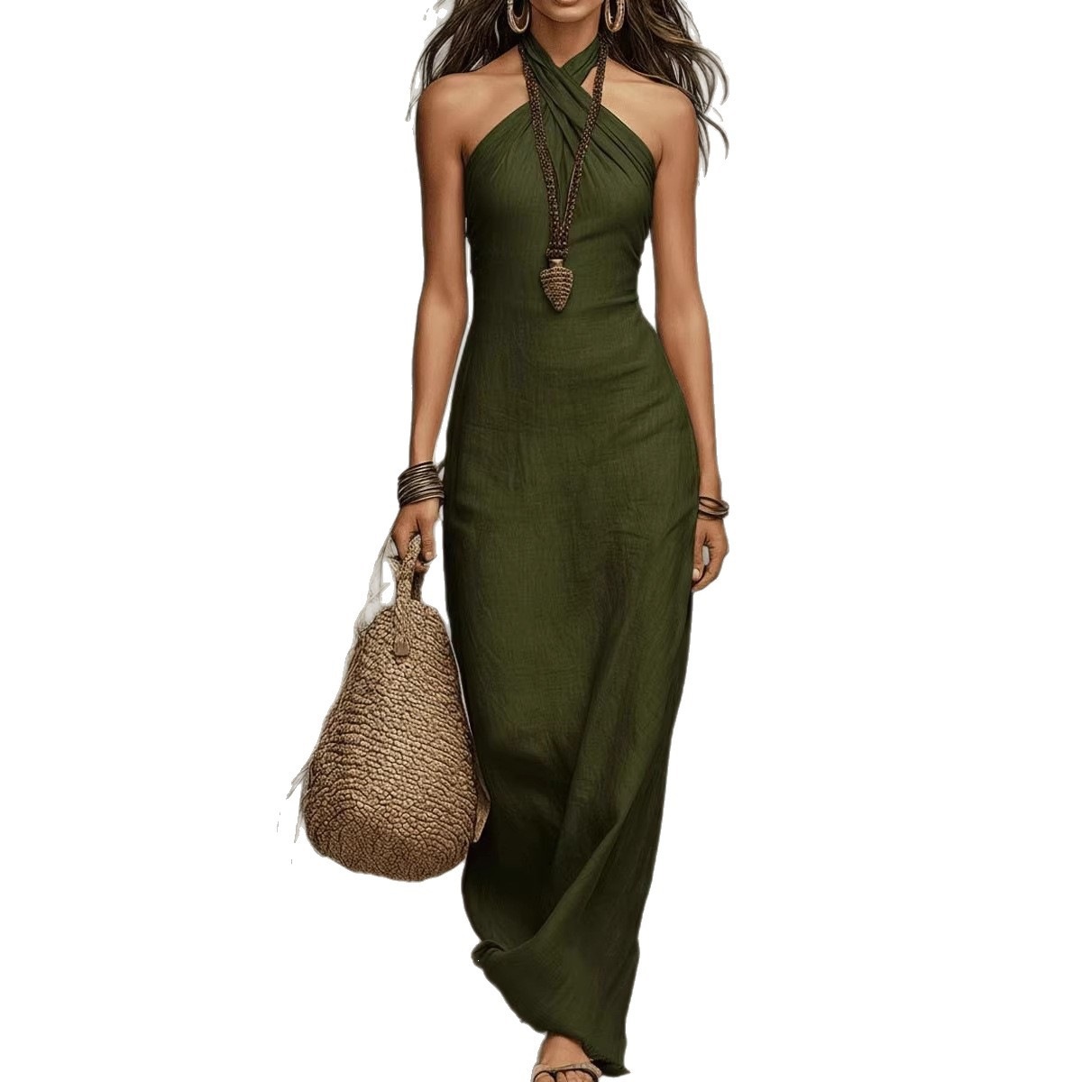 Women's Sleeveless Halter Neck Slim Fit A-Line Midi Dress