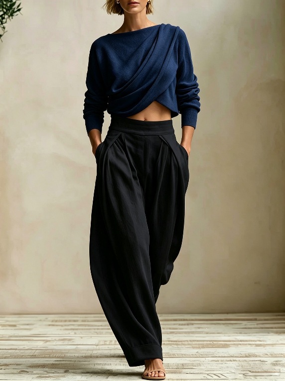 Women's Two-Piece Set: Pleated Crewneck Top & Elastic Waist Harem Pants