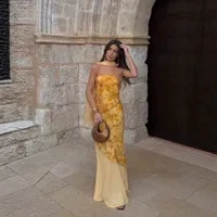 Yellow Floral Slip Dress Women's Summer Beach Midi A-Line