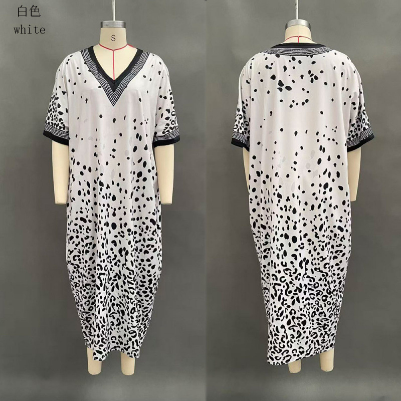 Digital Print V-Neck Half-Sleeve Kaftan Maxi Dress with Patch Pockets
