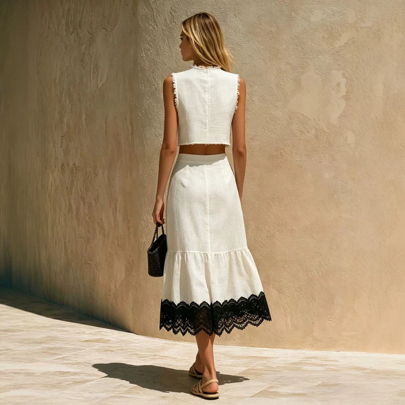 Color-Block Lace Sleeveless Top and Skirt Set
