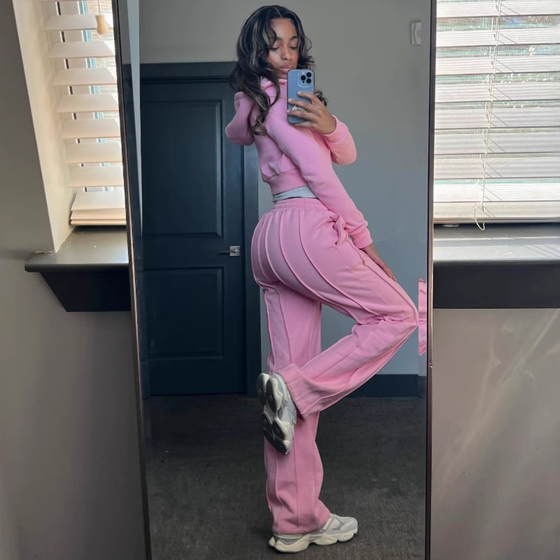 Women's Zip-Up Hoodie and Pants Set Solid Color Knit Lounge Set