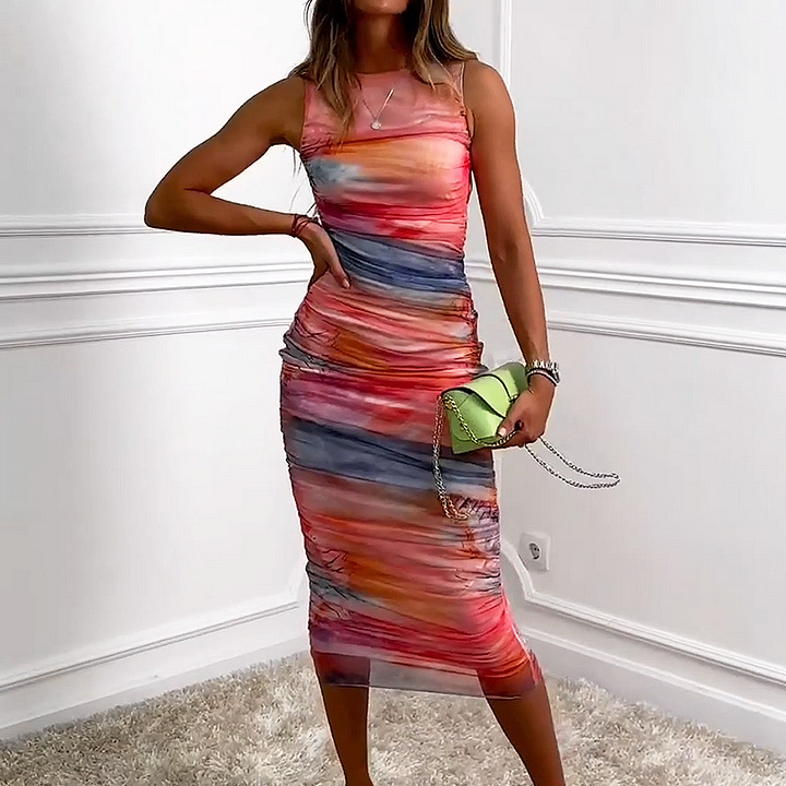 Women's Sleeveless Bodycon Floral Print Midi Dress