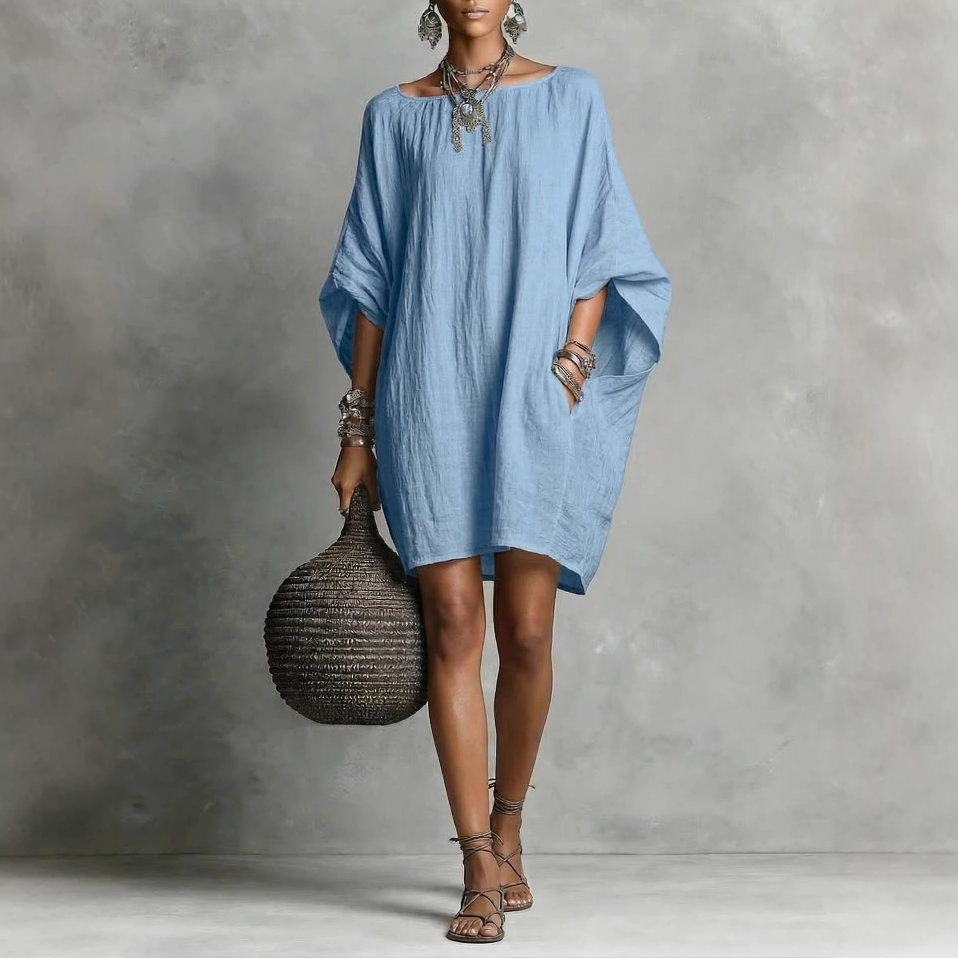 Women's Vintage Off-Shoulder Long Sleeve Midi Dress Solid Color Cotton-Linen Casual