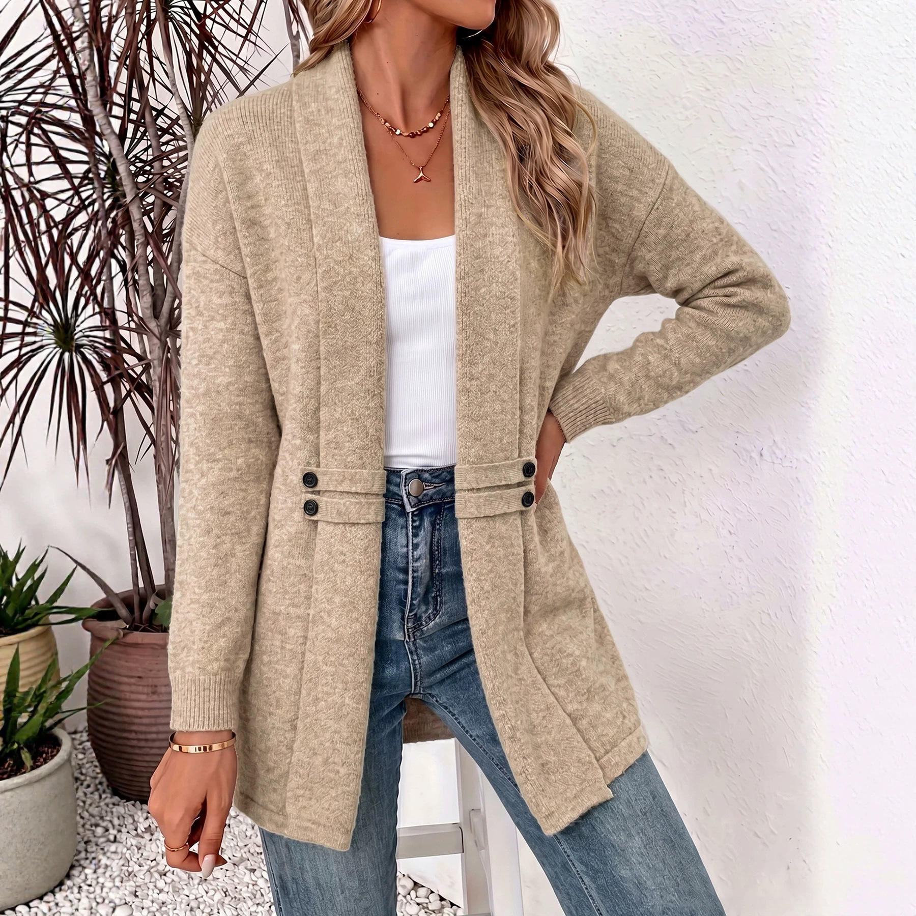 Mid-Length Knit Cardigan with Double-Breasted Placket