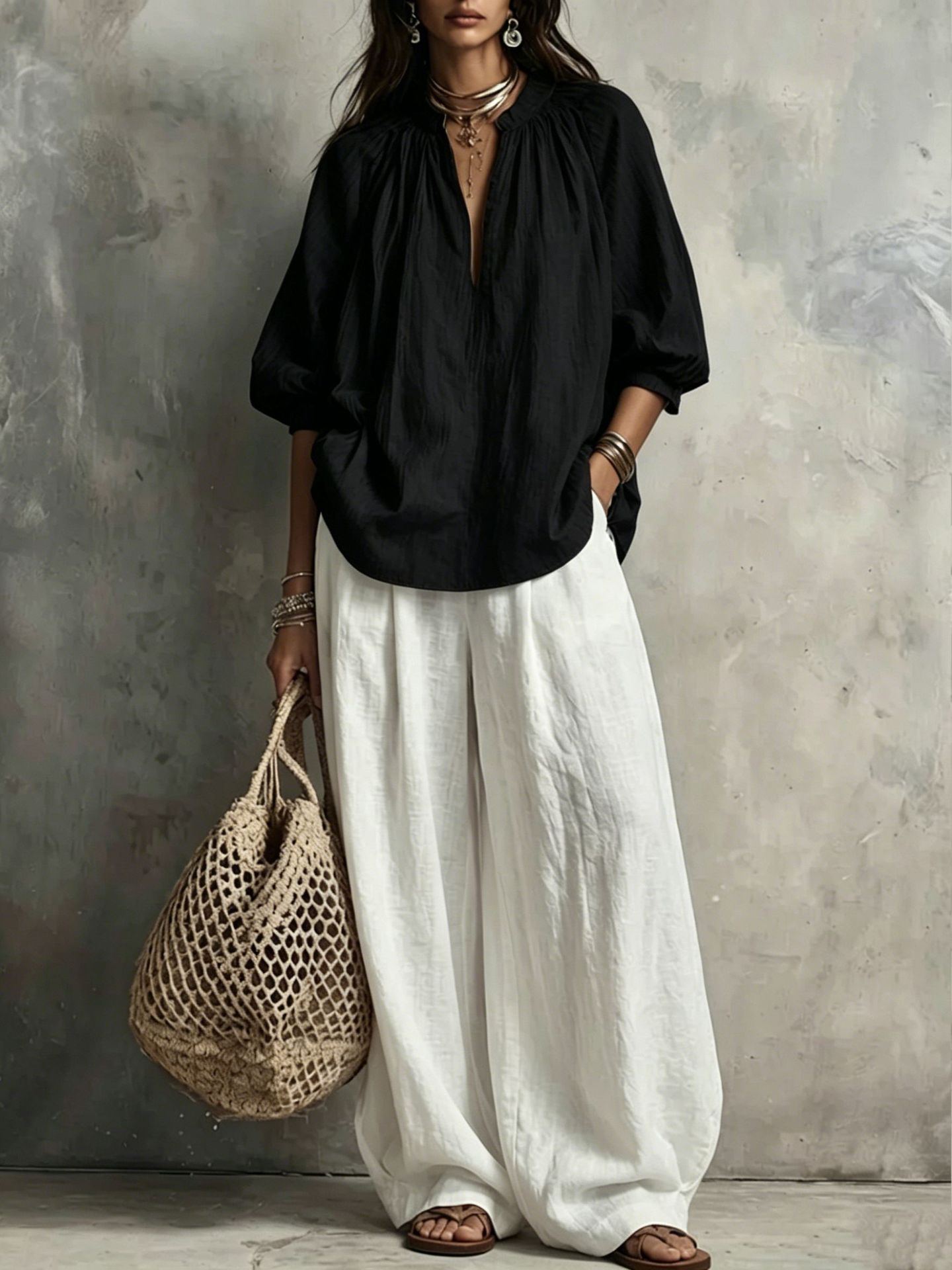 Boho V-Neck 3/4 Sleeve Shirt & Wide-Leg Pants Set